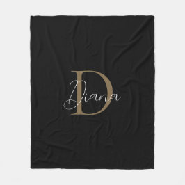 シンプルMidnight Black Mossy金ゴールドスクリプトモノグラム フリースブランケット