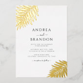 シンプルPalm Treeの葉結婚Qrコード金ゴールド 箔招待状 (正面)