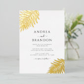 シンプルPalm Treeの葉結婚Qrコード金ゴールド 箔招待状 (立ち正面)