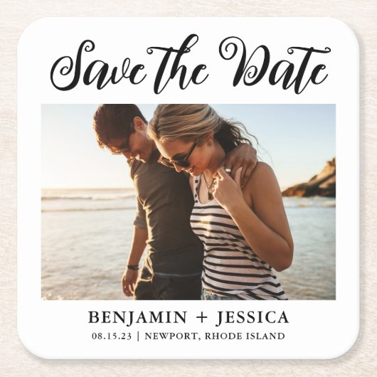 シンプルPhoto結婚 Black and White Save the Date スクエアペーパーコースター (正面)
