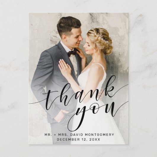 シンプルPhoto Black Script's 結婚 Thank You ポストカード (正面)