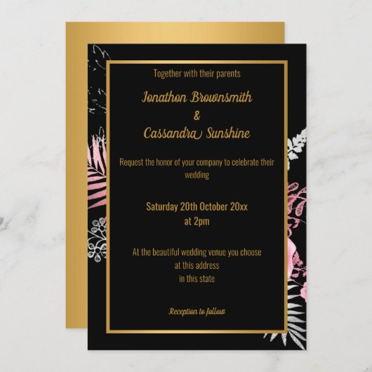シンプルPINK金ゴールドモダンフローラ結婚の全黒 招待状 (正面/裏面)
