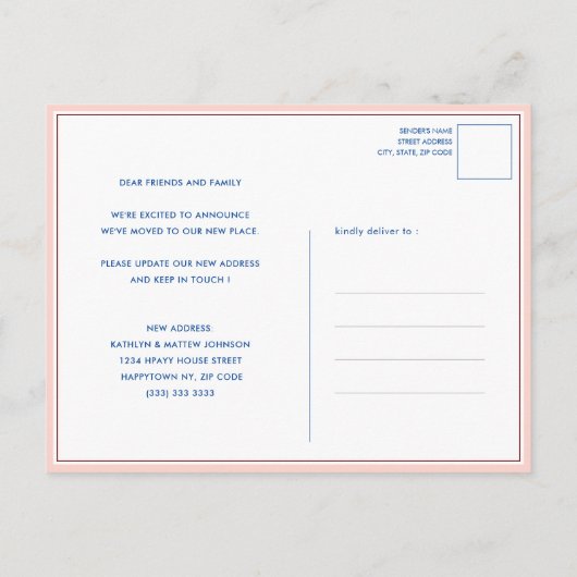 シンプルPink Blue House新しい住所を移動 案内ポストカード (裏面)