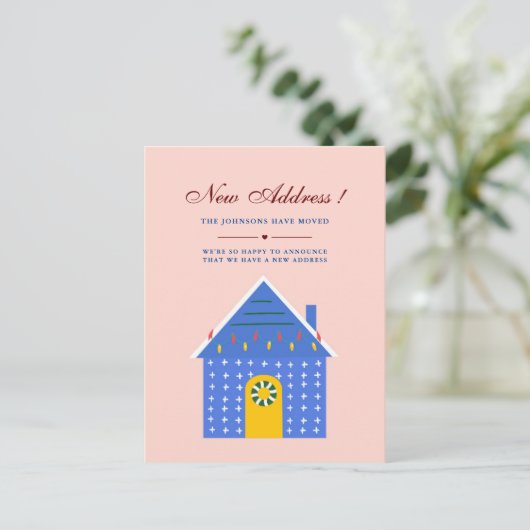 シンプルPink Blue House新しい住所を移動 案内ポストカード (スタンド正面)