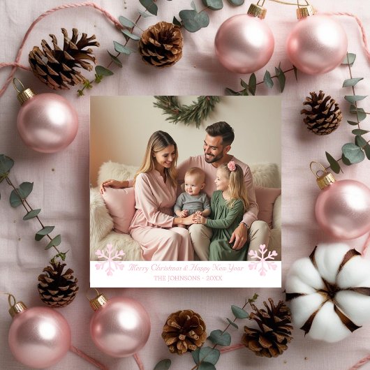 シンプルPink Snowflakes one photo Holiday Card シーズンカード