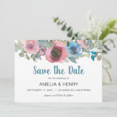 シンプルQRコードブルー&ピンクフローラ結婚 セーブザデート (スタンド正面)