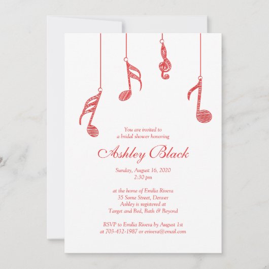 シンプルRed Music Notes Bridal Shower Invitation 招待状 (正面)