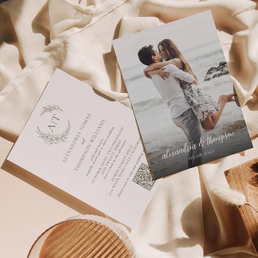 シンプルSage Green写真QRコードRSVP結婚's 招待状