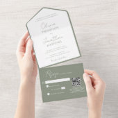 シンプルSage Green Script QRコード結婚s オールインワン招待状 (貼ってはがせる)