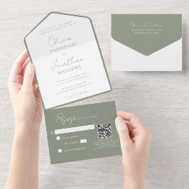 シンプルSage Green Script QRコード結婚s オールインワン招待状