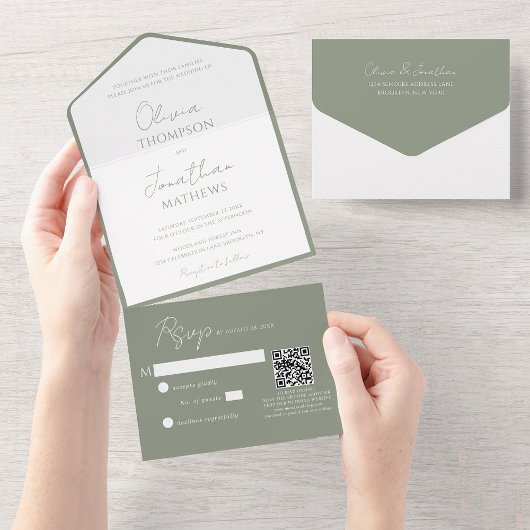 シンプルSage Green Script QRコード結婚s オールインワン招待状
