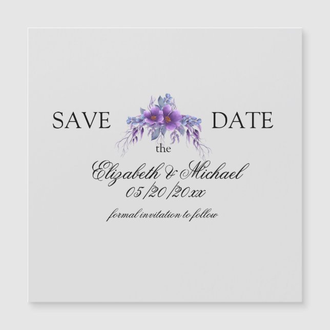 シンプルSave the Date Purple bouquet Magnetic Card (正面)