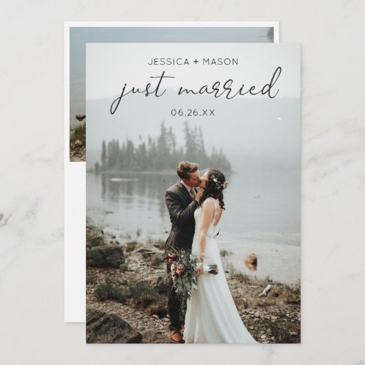 シンプルScriptの結婚フォトたった今結婚しました招待状 サンキューカード (正面/裏面)