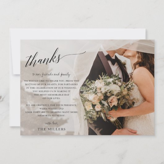 シンプルScriptエレガント手書き写真結婚のTh サンキューカード (正面)