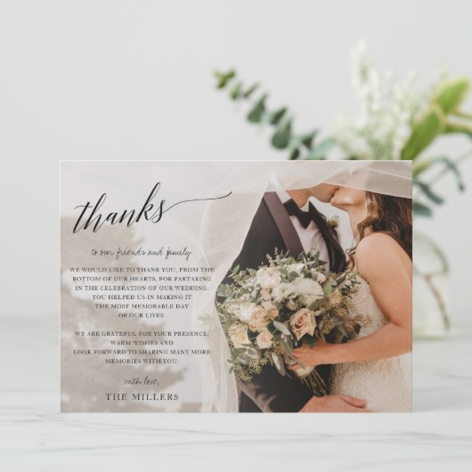 シンプルScriptエレガント手書き写真結婚のTh サンキューカード (スタンド正面)