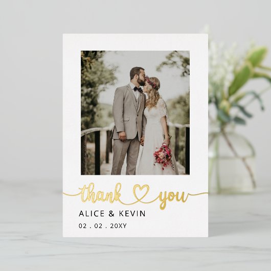 シンプルScriptエレガント手書き写真結婚のTh 箔招待状 (立ち正面)