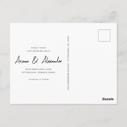 シンプルScriptフルフォトウェディング日付を保存 ポストカード (裏面)