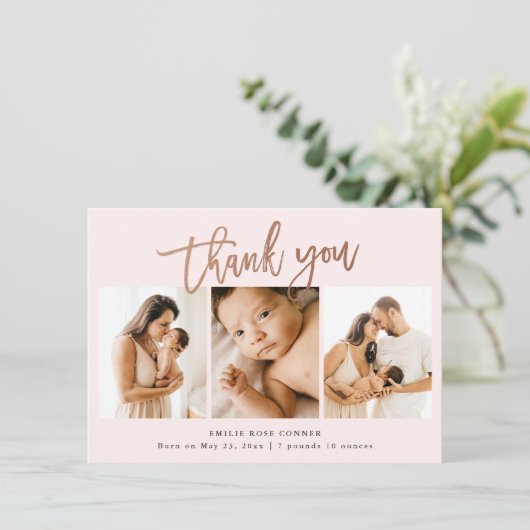 シンプルScriptベビー3フォト誕生Stat サンキューカード (スタンド正面)