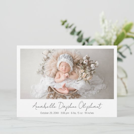 シンプルScriptモダン生まれたばかりの写真エレガント誕生 案内状 (スタンド正面)