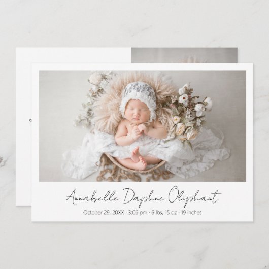 シンプルScriptモダン生まれたばかりの写真エレガント誕生 案内状 (正面/裏面)