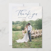 シンプルScriptモダン結婚のフォトブルー サンキューカード (正面)