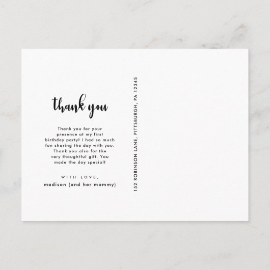 シンプルScript子供の誕生日写真ありがとう ポストカード (裏面)