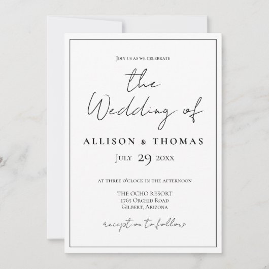 シンプルScript白黒結婚式招待状 招待状 (正面)