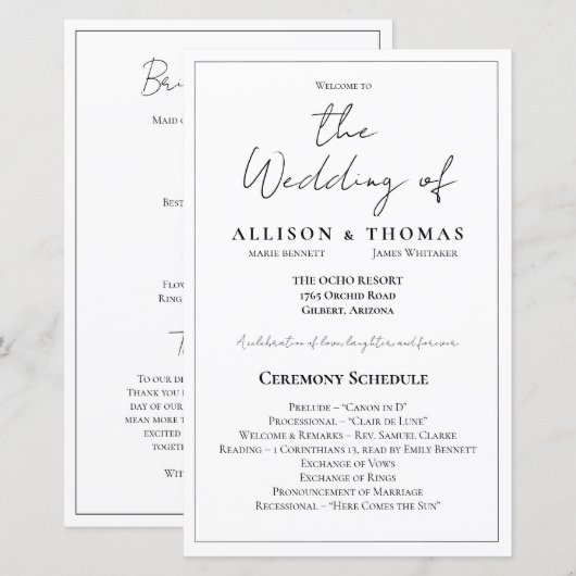 シンプルScript白黒結婚式 プログラム (正面/裏面)