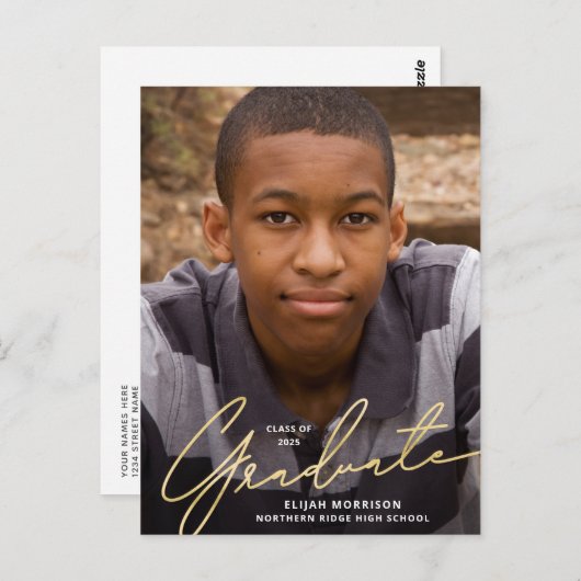 シンプルScript金ゴールドオーバーレイ写真卒業 ポストカード (正面/裏面)