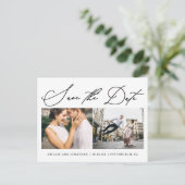 シンプルScript 2枚の写真モダン日付の保存 インビテーションポストカード (スタンド正面)