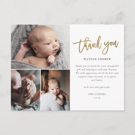 シンプルScript 3フォトコラージュベビーありがとう ポストカード (正面)