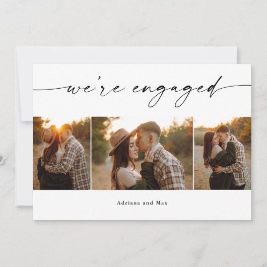 シンプルScript 3フォトコラージュ結婚の婚約 招待状 (正面)