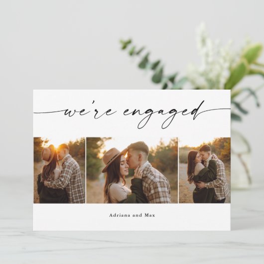 シンプルScript 3フォトコラージュ結婚の婚約 招待状 (スタンド正面)