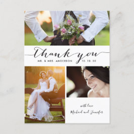 シンプルScript 3 Photo's 結婚 Thank You ポストカード