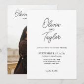 シンプルScript Black and White Photo結婚's 招待状 (正面/裏面)