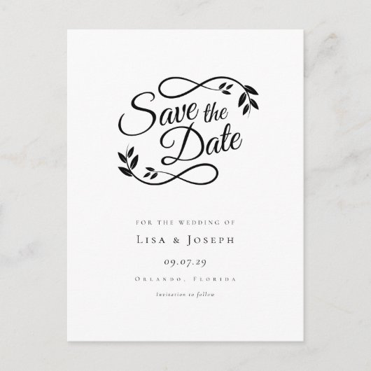 シンプルScript Black and White Save the Date ポストカード (正面)