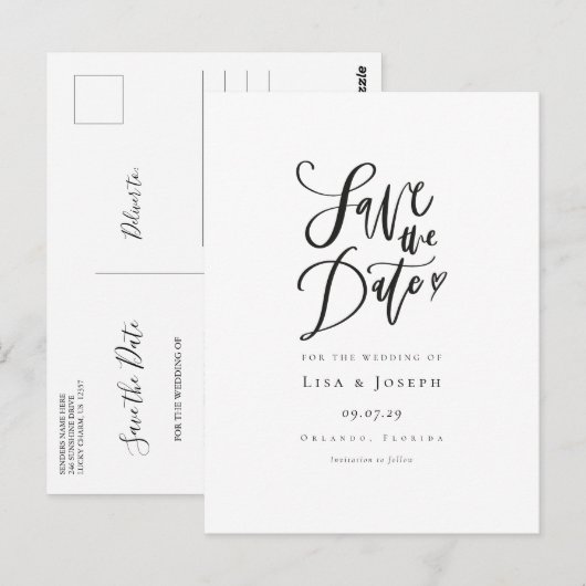 シンプルScript Black and White Save the Date ポストカード (正面/裏面)