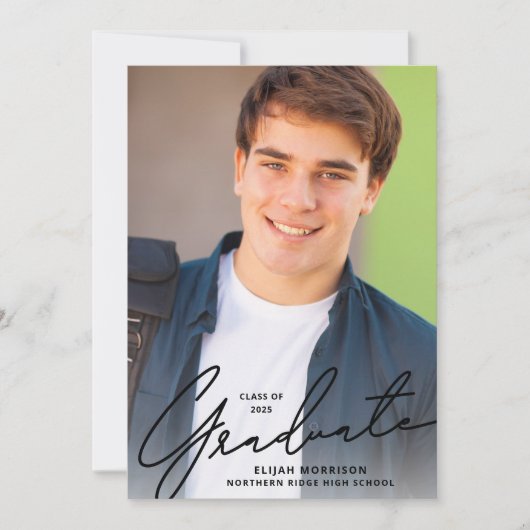 シンプルScript Black Overlay写真卒業パーティー 招待状 (正面)