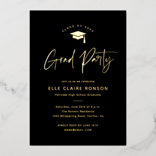 シンプルScript Black & Photo Graduation 箔招待状 (正面)