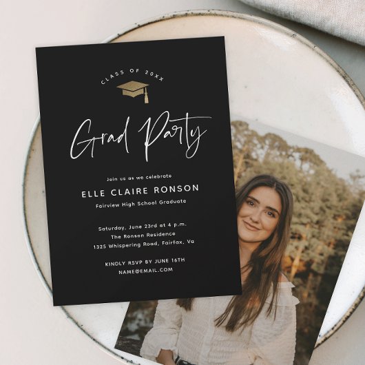 シンプルScript Black & White Photo Graduation Party 招待状