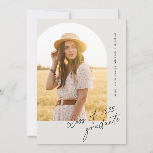 シンプルScript Boho Arch写真卒業 招待状 (正面)