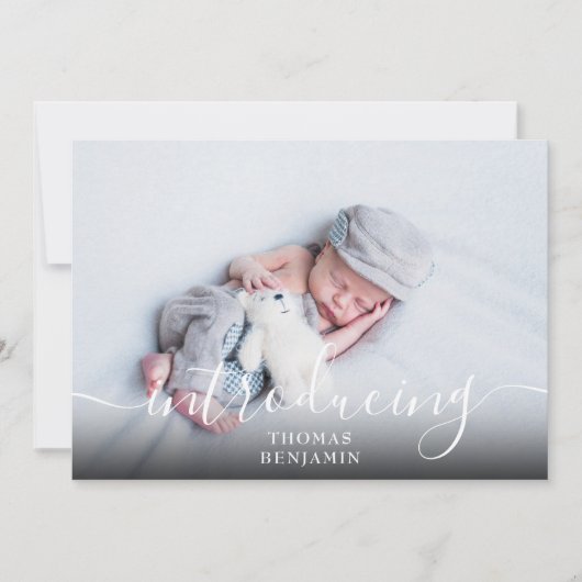 シンプルScript Boy Blue Photo誕生のご紹介 案内状 (正面)