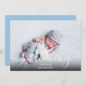 シンプルScript Boy Blue Photo誕生のご紹介 案内状 (正面/裏面)