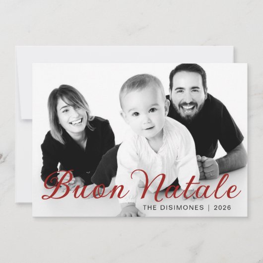 シンプルScript Buon Nataleファミリーフォトホリデー シーズンカード (正面)