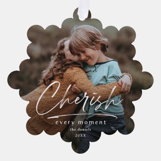 シンプルScript Cherish 2フォトクリスマスホリデー オーナメントカード (正面)