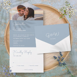 シンプルScript Dusty Blue Monogram Photo 結婚's オールインワン招待状