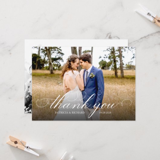 シンプルScript Elegant Wedding Thank You Photo カード (正面/裏面インサイチュ)