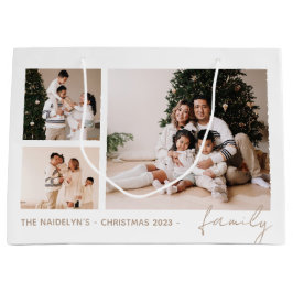 シンプルScript Family Photo Collage Holiday ラージペーパーバッグ