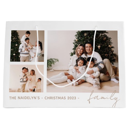 シンプルScript Family Photo Collage Holiday ラージペーパーバッグ (正面)