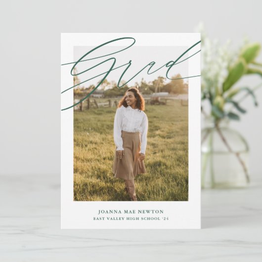 シンプルScript Green Photo Graduation発表 招待状 (スタンド正面)